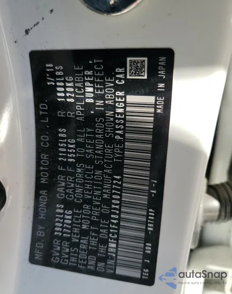 2018 Honda Civic Ex из США, поврежденный, VIN JHMFC1F48JX007724